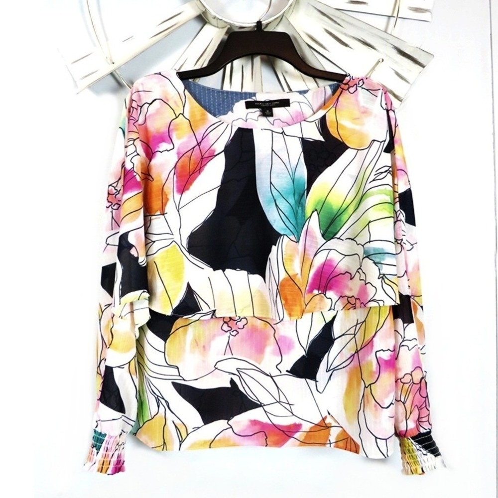 Marc New York Andrew Marc Blouse M Watercolor Floral Long Sleeve Smocked Cuff